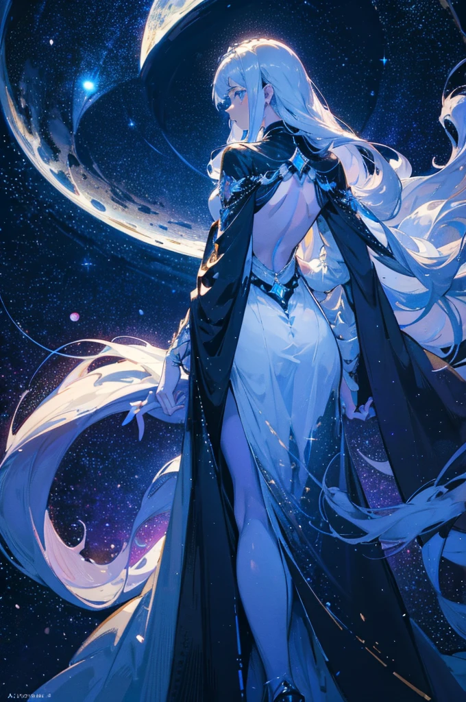 Althea is a striking figure with an ethereal presence. She stands about 6 feet tall with a lean, graceful build. Her skin is a soft, iridescent hue, shifting gently between shades of pale blue and silver. She has long, flowing hair that cascades down her back like a cascade of liquid moonlight, constantly shifting colors as if reflecting different phases of the moon.
Her eyes are large and almond-shaped, glowing with a faint silver light, giving her an otherworldly gaze. Althea’s attire is a blend of celestial elegance and practicality: a shimmering gown made of a fabric that resembles stardust, with intricate patterns of constellations woven into it. The gown has an asymmetrical design, with one side flowing to the ground and the other cut short, revealing leggings of a soft, glowing material.