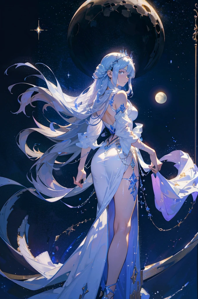 Althea is a striking figure with an ethereal presence. She stands about 6 feet tall with a lean, graceful build. Her skin is a soft, iridescent hue, shifting gently between shades of pale blue and silver. She has long, flowing hair that cascades down her back like a cascade of liquid moonlight, constantly shifting colors as if reflecting different phases of the moon.

Her eyes are large and almond-shaped, glowing with a faint silver light, giving her an otherworldly gaze. Althea’s attire is a blend of celestial elegance and practicality: a shimmering gown made of a fabric that resembles stardust, with intricate patterns of constellations woven into it. The gown has an asymmetrical design, with one side flowing to the ground and the other cut short, revealing leggings of a soft, glowing material.