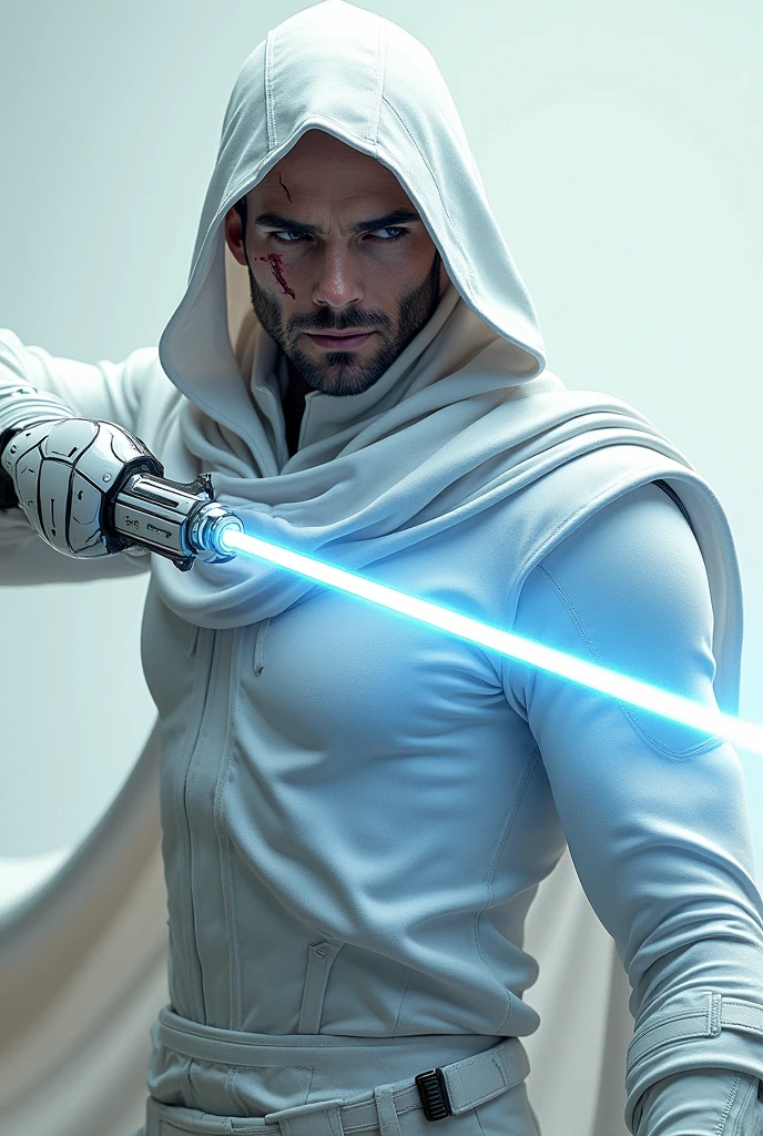 An android with a shiny white hood , that he has a sword with a white and gray handle and the sword is a blue laser but he is a man , and you see the face with a scar on the eye
