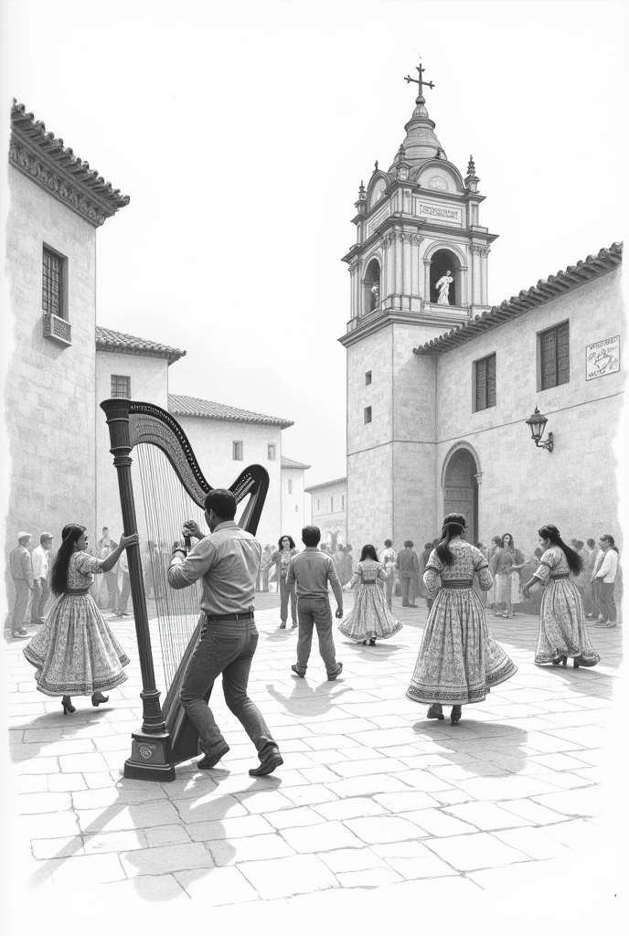 People dancing in the square of Ayacucho, while a man plays the harp in the setting of ancient Ayacucho drawn in pencil