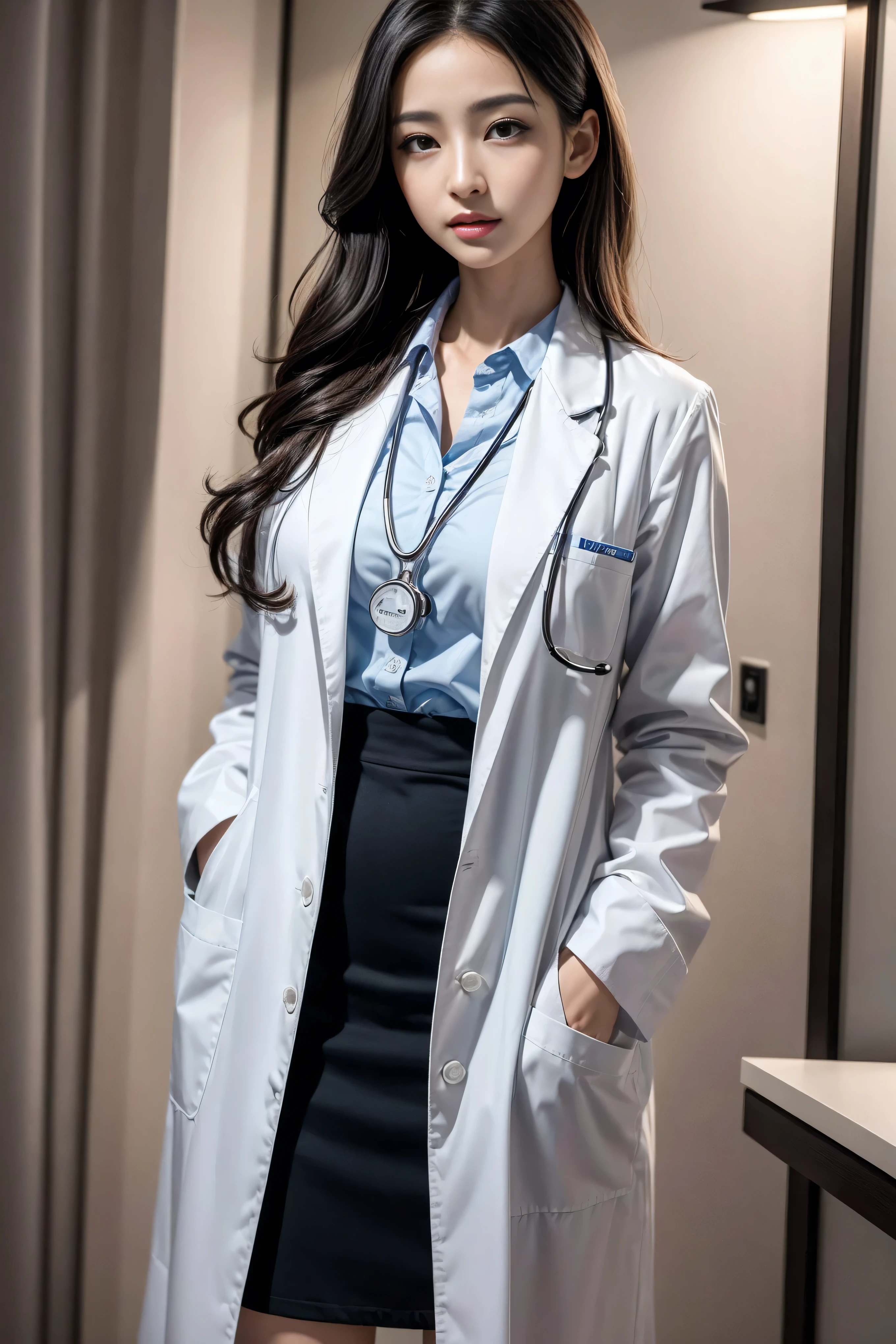 Realistic beautiful doctor、Stunning beauty、Doctor's white coat, Collared shirt、(Top quality、8K、32K、masterpiece、nffsw:1.3)、Ultra-high resolution,(Photorealistic:1.4),Original Photography, Delicate face,,Beautiful hair, ((Doctor style)), , Black tight skirt、 Natural Makeup,, Full breasts、Inside the hospital, Detailed background, Perfect lighting, Depth of Field, Beautiful shadow gradient,Stethoscope ,