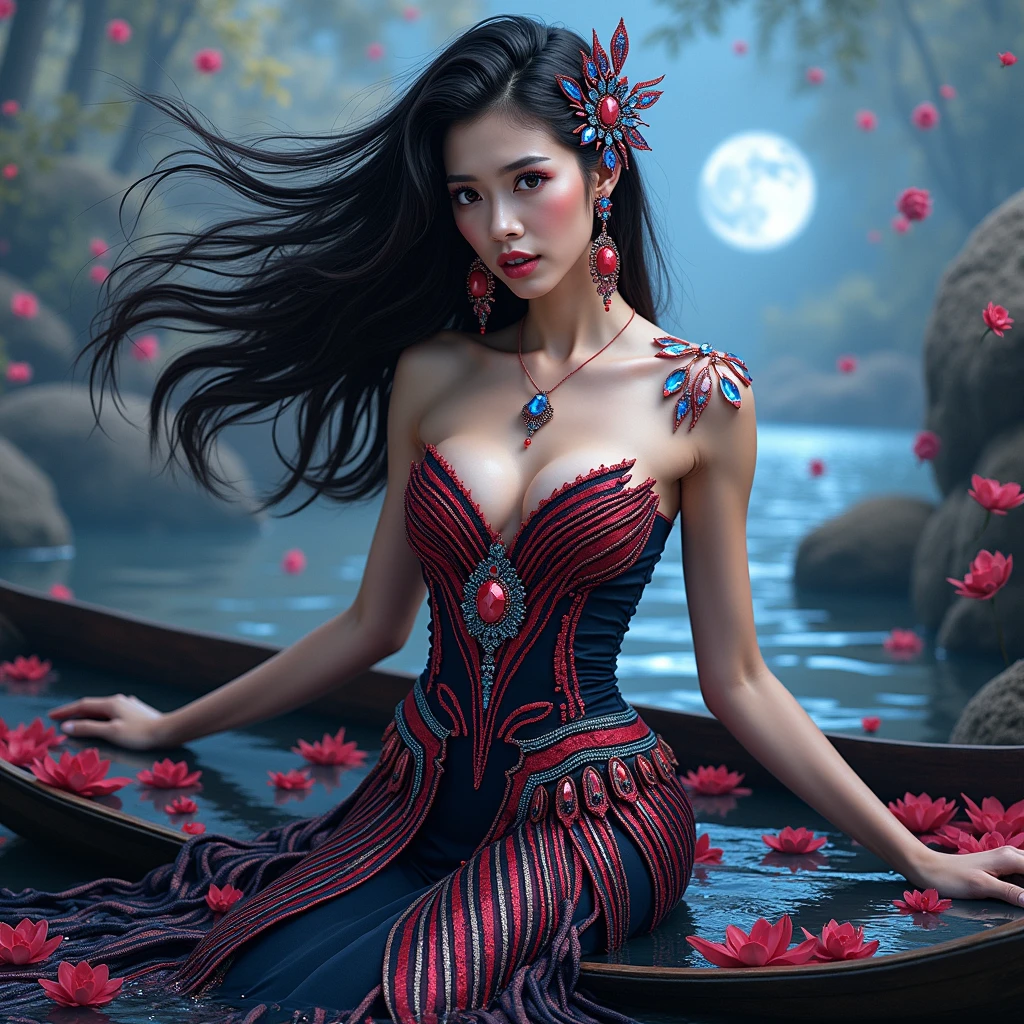 A realistic and detailed image of an Indonesian woman with long flowing hair, wearing a black batik patterned costume, a strapless corset V-cut dress made from red carbon fiber with sharp motifs, very tight and stiff adorned with sparkling blue gems, a luxurious long skirt, looking beautiful and stunning, sitting on a boat, surrounded by a pool of falling flowers, sparkling gems, and blue moonlight.