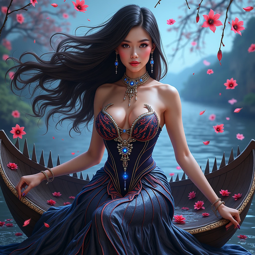 A realistic and detailed image of an Indonesian woman with long flowing hair, wearing a black batik patterned costume, a strapless corset V-cut dress made from red carbon fiber with sharp motifs, very tight and stiff adorned with sparkling blue gems, a luxurious long skirt, looking beautiful and stunning, sitting on a boat, surrounded by a pool of falling flowers, sparkling gems, and blue moonlight. 