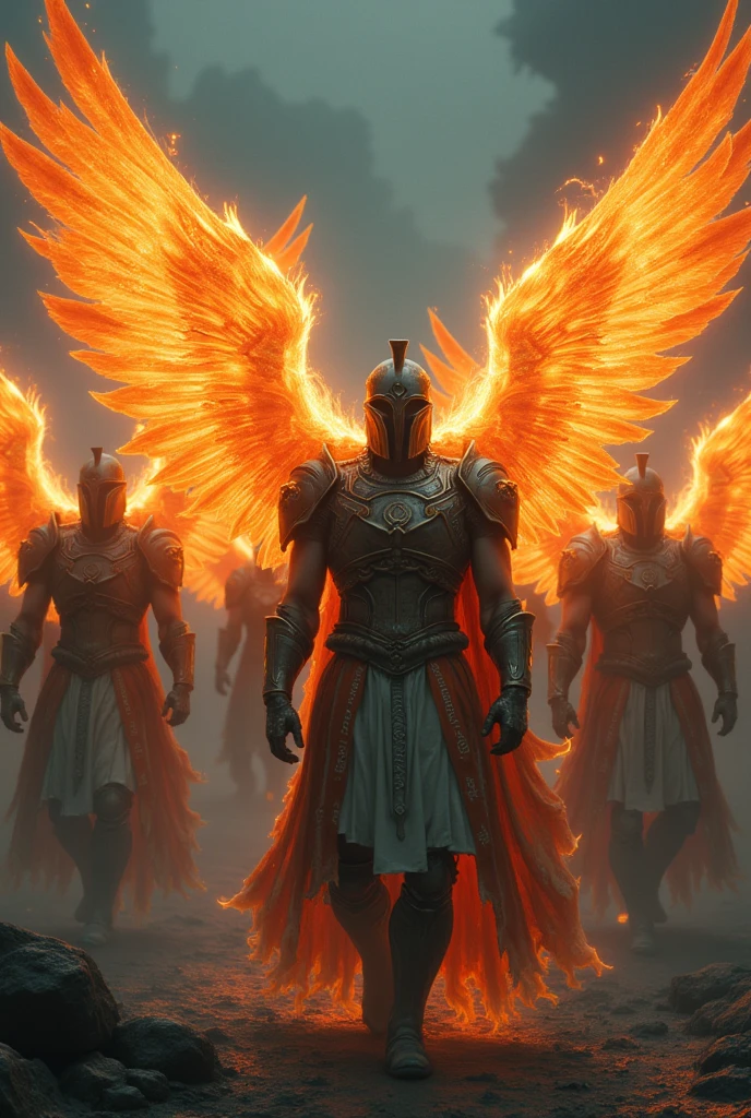 (12 angelic warriors) (with wings of fire) and ( Armaduras de caballeros nano tecnología and letras en atando en ellas) ( and solo uno de ellos tiene un casco Espartano) ( Everyone has a Dark Aura)
