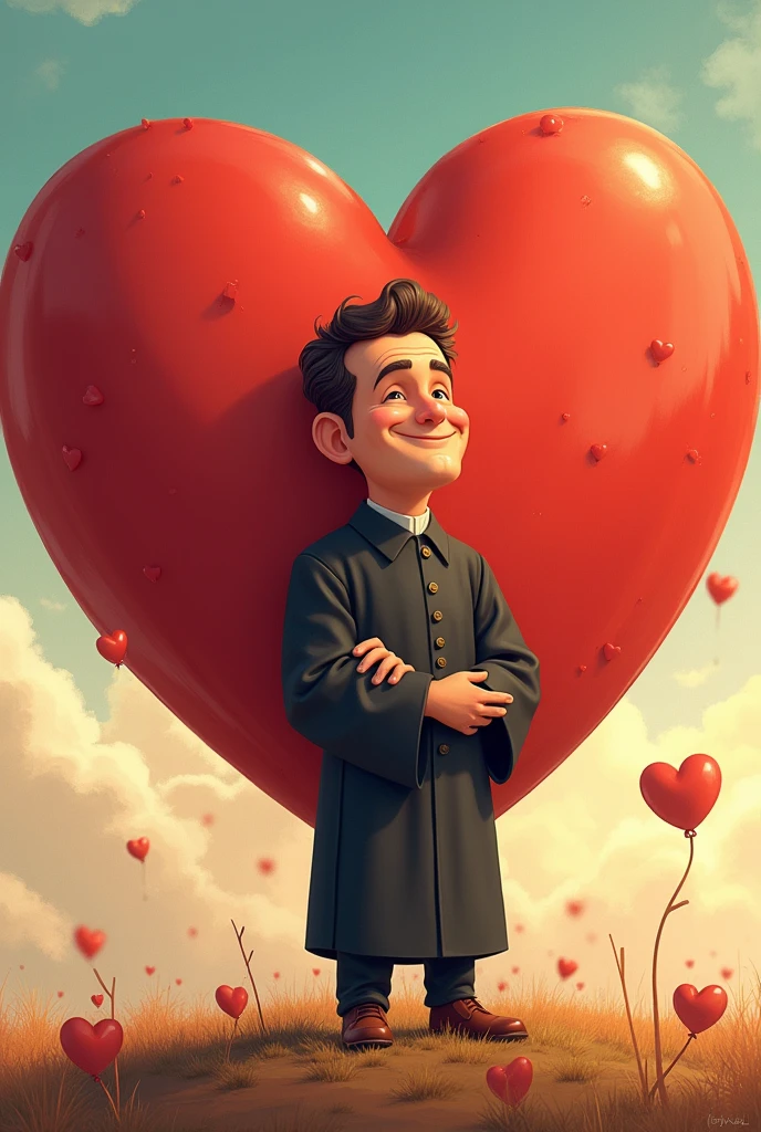 Don Bosco behind a big heart , huge , cartoon 