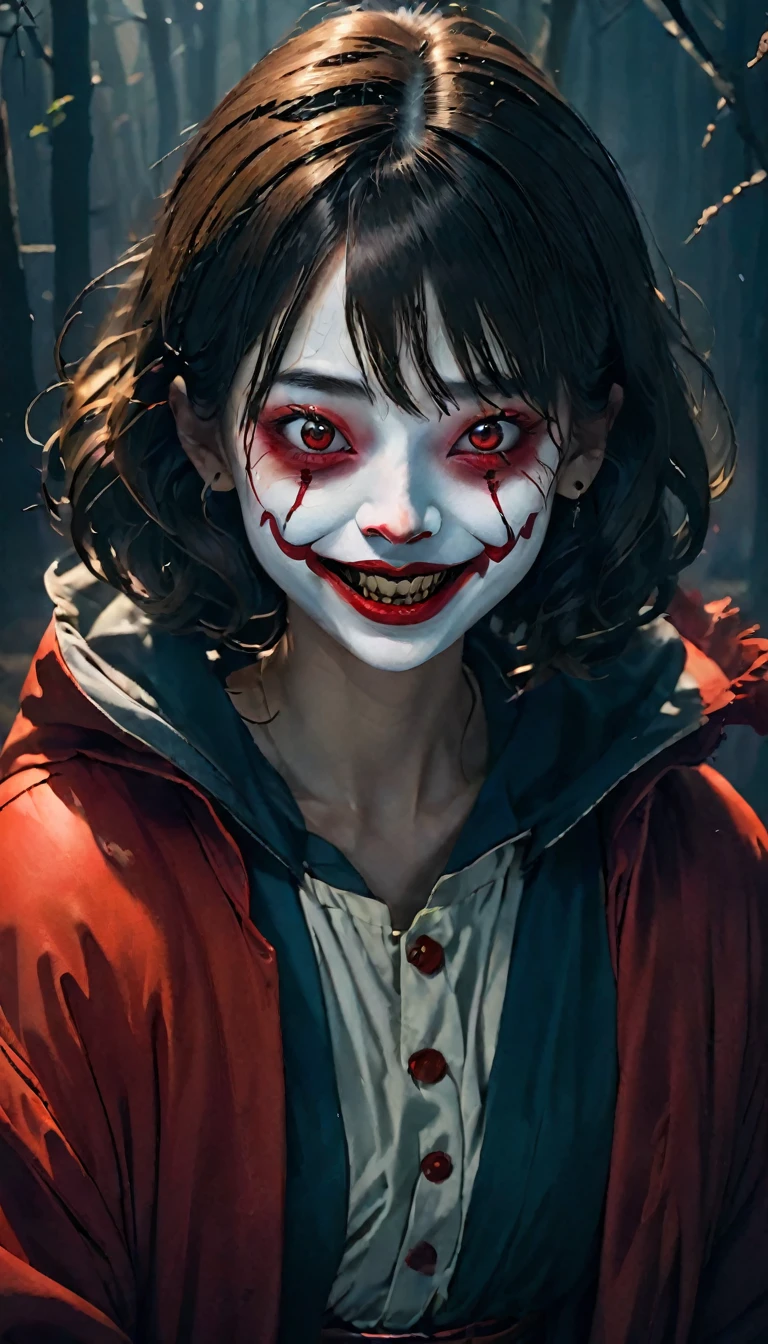 of the highest quality,horror,chilling笑顔,Red nose,detailed face,scary atmosphere,dark background,dramatic lighting,sharp focus,an accident,devil夢,scary clown,fear expressions,EMOTION,exposing teeth,big smile,Red lips,devil,Ghostly,devil夢のような,anxious,night landscape,chilling笑い,strong look,A terrifying personality,distorted face,threatening,Gothic,sharp eye,devil夢のような scenery,chilling,anxious,Horror movie aesthetic,devil夢 fuel,Ghostlyly beautiful,A terrifying presence,devil夢-inducing,shadow,chilling雰囲気