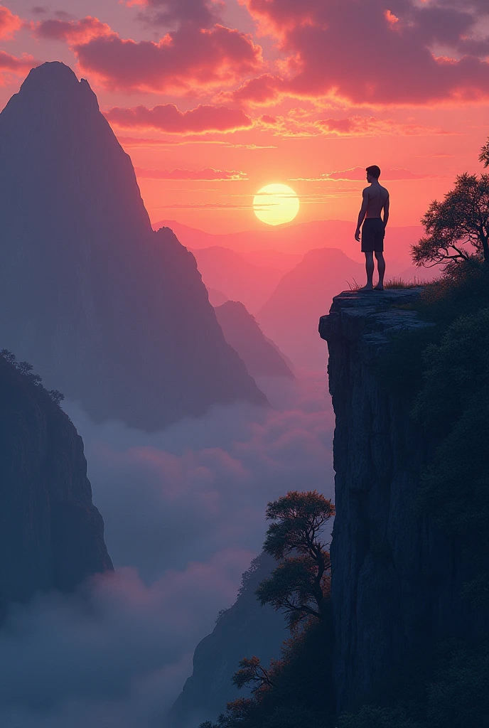 a slightly thin gentleman,without anything,on the top of a mountain ,on the edge of a cliff ,with a background of a sunrise and trees
