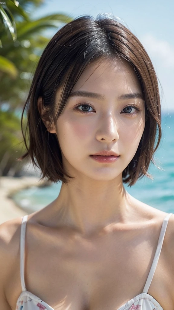 Model actress、One Woman、cool、Japanese and half European、Close-up of face、30 generation beauty、Realistic Skin、Seaside、short hair