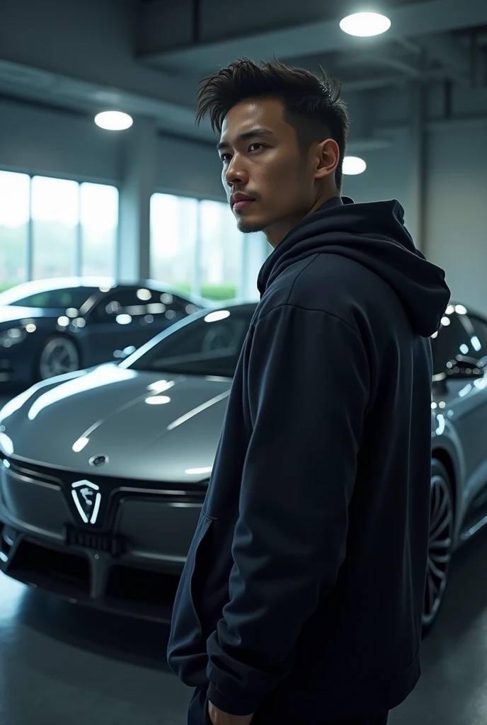 Japanese man posing next to a car,model、  （"BUDDICA" It is written there）,Look away from the viewer, hoodie, Cinema Lighting,Handsome、 Photorealistic、Shine、Great view point