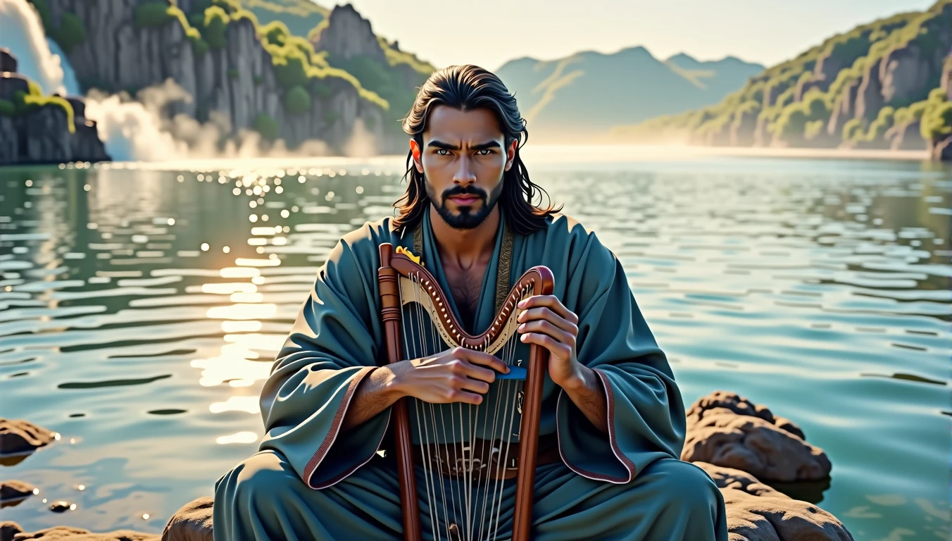 (( ultra-detailed and Realistic digital art)), ((digital art)), ((Realist)), ((30-megapixel)), ((4K)), ((CanonEOS DSLR 5D Mark IV)), ((85mm lens)), ((ultra-high definition)), handsome man, 35 year old, fabric clothes, monge, black straight hair, sitting on a rock on the bank of a turquoise blue river, playing the harp, waterfall in the background,