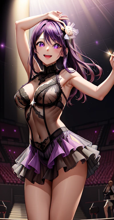 アニメ, beautiful  face, high-detailed face, (2 precise legs:1), detailed purple eyes, star-shaped pupils, highly detailed background, Perfect stage lighting, better lighting, hair ornament, 1 girl, standing alone, Ai Hoshino, oshi no ko, Inside the house, Concert of idols, performing at a concert, concert arena background, (Beautiful purple hair:1.2), absurderes, high resolution, ultra-sharp, 8k, work of art, looking ahead at viewer, excited smile, break (detailed black sexy lingerie:1.2), (intricate all the lace:1.4), (beautiful black heels:1.2), (transparency:1.6), dance pose 