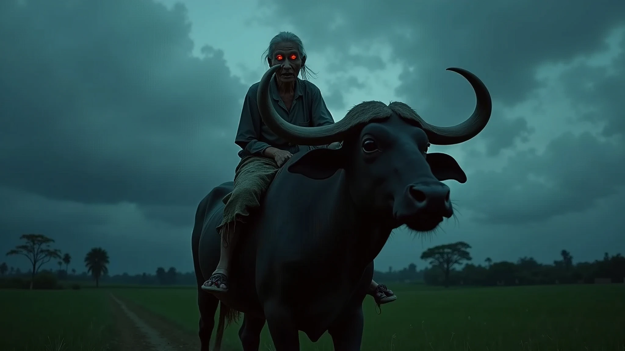 A scary red-eyed cambodia grandmother rides a buffalo in the fields at night 8k  