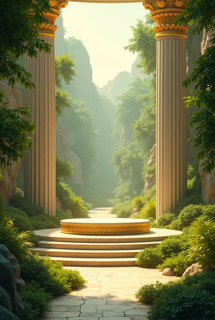 Create an image that has a base in the center to place an object and that has leaves around it. , air , Greek style land of gods add lots of GOLD and GOLDEN objects, that seems mythological taken from a story of Greek gods
