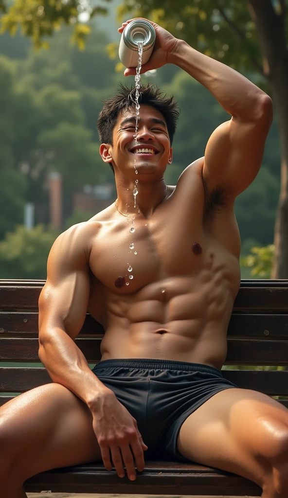 photorealistic, best quality, masterpiece, extremely detailed, y, homxtremely handsome, youthful, 25 year old muscular taiwanese man, ((muscular bodybuilder)), ((massive thighs)), tight booty shorts, big erection bulgsweaty, big smile, happy, sitting relaxed on bench, pours water out of water bottle on his own head, at park, extremely romantic atmosphere, perfect face, perfect fingers, perfect hands, perfection