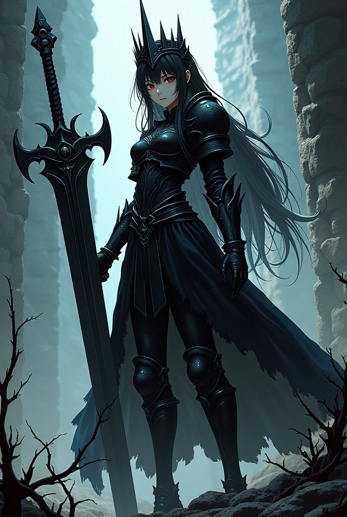 I want a manga-style anime girl inspired by the works ''berserk'' and ''vagabond'' colored with cold colors with a large sword possessed by a demon bigger than her with heavy black armor with long black and white hair in an abandoned castle wearing a corrupted crown that exudes a demonic aura surrounded by thorns with a cold serious face