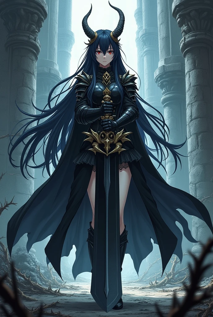 I want a manga-style anime girl inspired by the works ''berserk'' and ''vagabond'' colored with cold colors with a large sword possessed by a demon bigger than her with heavy black armor with long black and white hair in an abandoned castle wearing a corrupted crown that exudes a demonic aura surrounded by thorns with a cold serious face