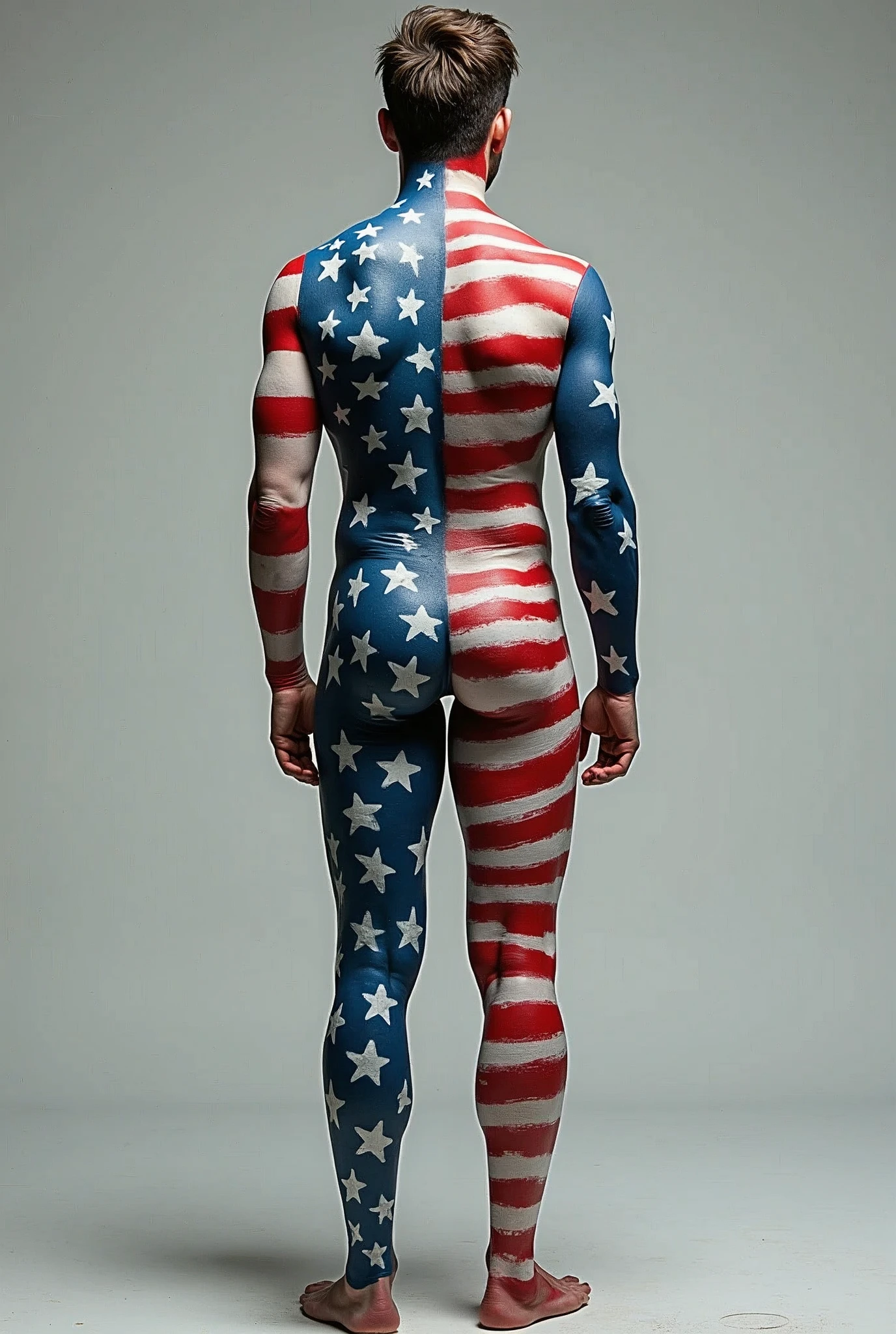 A body painted with a United States theme using icons from the Apollo 11 mission, The bald eagle and representative elements
