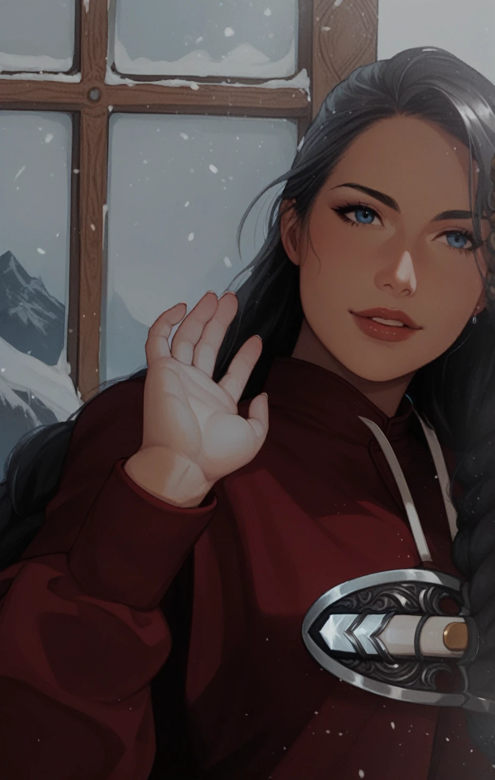 Drawing the sword of the snow mountain, the sword with the cold ice flame of the ancient style woman, holding the blue flame burning sword, white clothes dancing sword in the snow long hair flowing, holding a silver long sword beautiful woman, wearing jade jewelry, her face is full of confident smiles, she is suspended in the clouds like a fairy, behind her is a layer of mountains