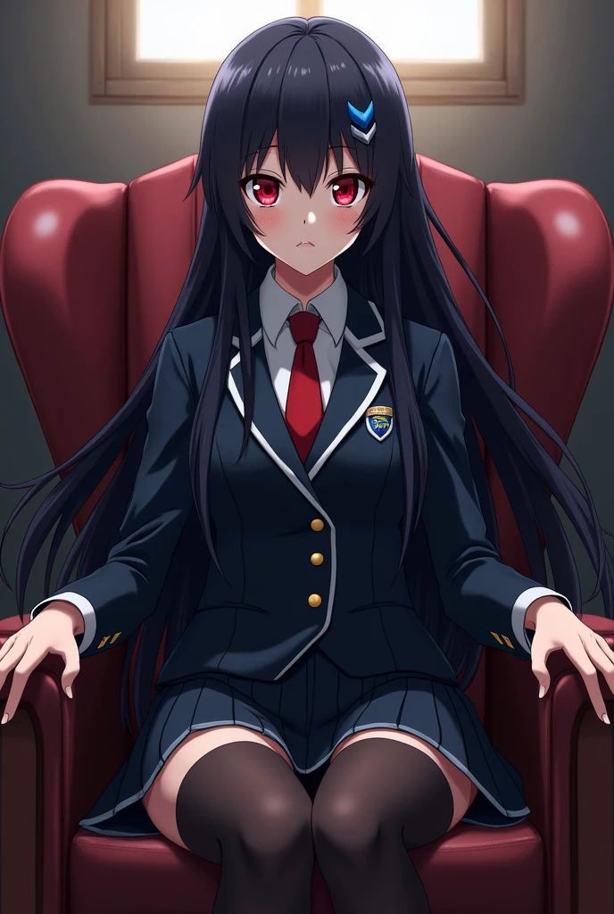 My hero academia female gender black hair with navy blue tips crimson eyes serious expression sitting in the U chair.A With the U uniform.A