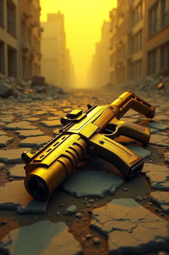 firearm, P90 Submachine Gun Shiny Gold, on the cracked ground, background destroyed city yellow hue.