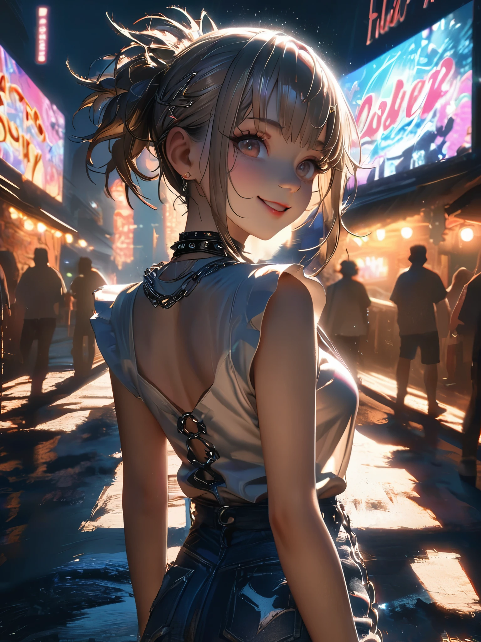 1 person, chromatic aberration, Written boundary depth, Soft Light, masterpiece, Highest quality, complicated, Tone Mapping, A place where fireworks are set off at festivals. Concept Art, Smooth, Clear focus, Dramatic lighting, Very cinematic, super practical painting, アートステーション's trending, 8k, Incredible Shadows, practical,  whole body, View, Viewers, Portrait of a Girl 1, standing on street corner, Heavy rain and lightning、Dark Sky, neon and cyber punk background, she is dressed in punk clothing with silver chains and silver spikes, Her hair was dyed light brown...................Ominous aura of light, smile, punk, ciber punk, Backlight.Fashionable clothes、Friendly dress code: Wearing a cute white sleeveless top with an open back and denim shorts.My breasts are a little big.Backwards、Look back here