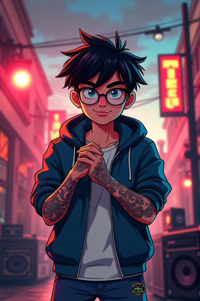Make me an animated image of a rapper boy with glasses and tattoos