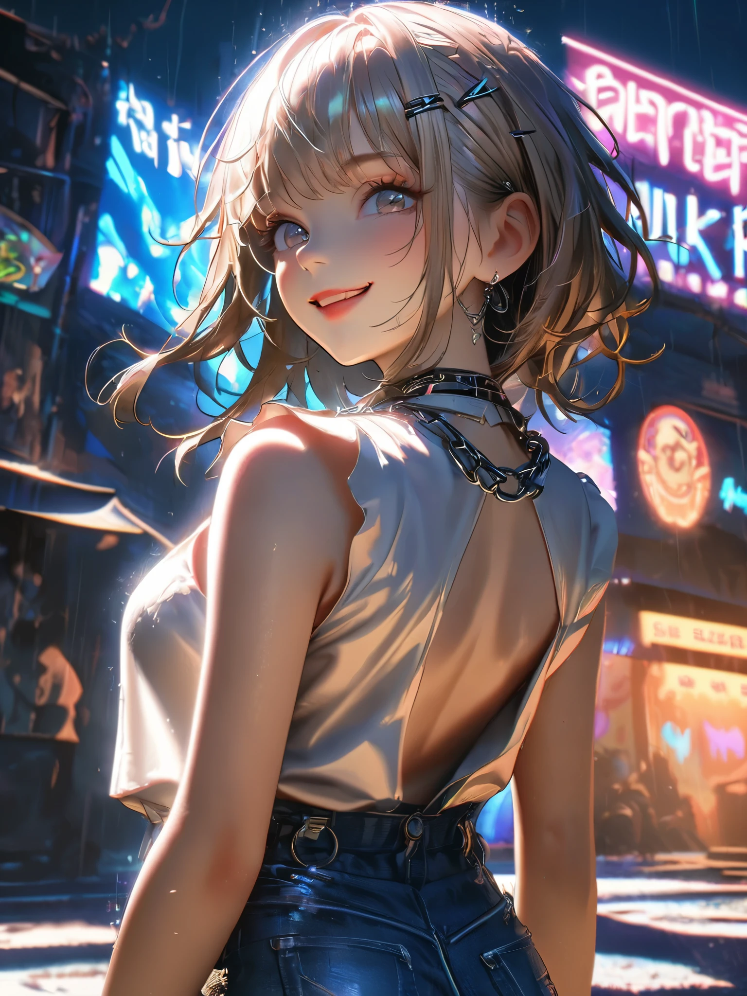 1 person, chromatic aberration, Written boundary depth, Soft Light, masterpiece, Highest quality, complicated, Tone Mapping, A place where fireworks are set off at festivals. Concept Art, Smooth, Clear focus, Dramatic lighting, Very cinematic, super practical painting, アートステーション's trending, 8k, Incredible Shadows, practical, whole body, View, Viewers, Portrait of a Girl 1, standing on street corner, Heavy rain and lightning、Dark Sky, neon and cyber punk background, she is dressed in punk clothing with silver chains and silver spikes, Her hair was dyed light brown...................Ominous aura of light, smile, punk, ciber punk, Backlight.Fashionable clothes、Friendly dress code: Wearing a cute white sleeveless top with an open back and denim shorts.My breasts are a little big.Backwards、Look back here