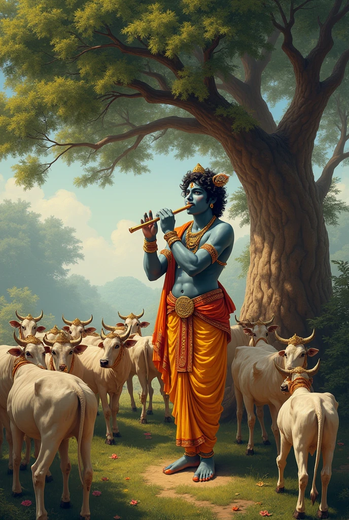 Krishna bhagvan playing flute under tree worrying by cows