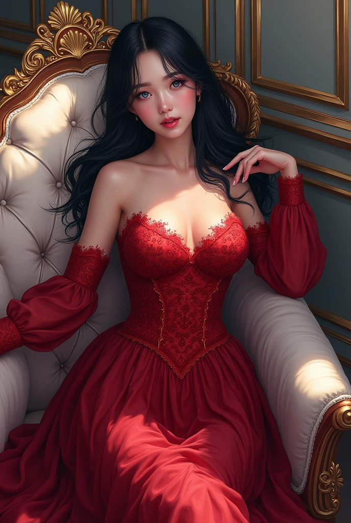 generates a stylish cover of a manhwa about a 1 with black hair and blue eyes from the Victorian era, lying on a Victorian-era piece of furniture, with a red lace dress