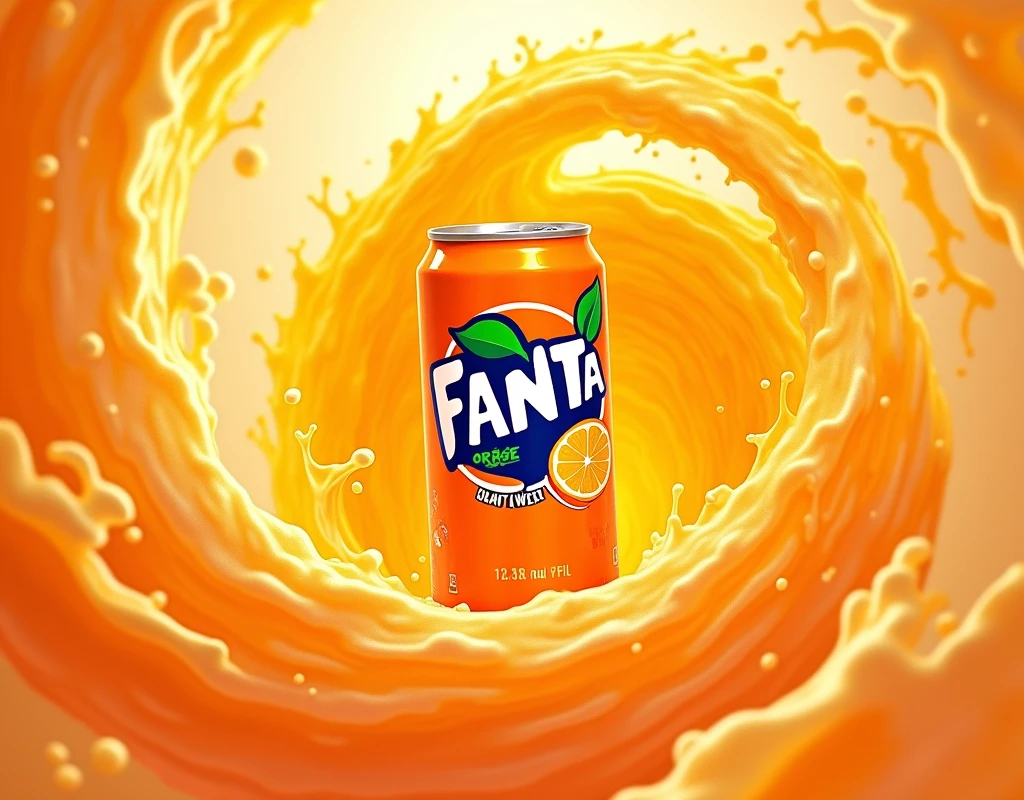 Make a sign with a Fanta orange flavored can on the left side, with a hurricane of orange juice around him