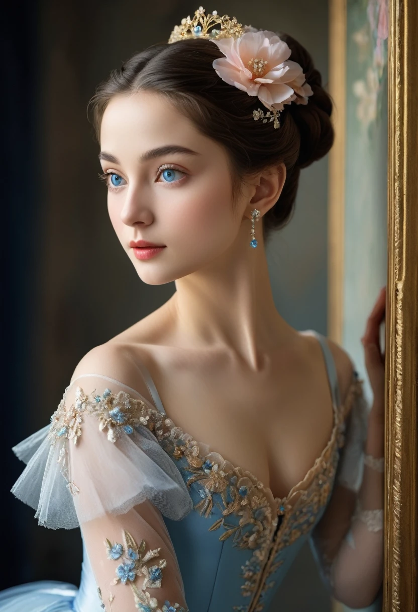 (high resolution,masterpiece:1.2),(Practical:1.37)"(best quality, high resolution, Extremely detailed, Practical),Beautiful portrait of a 19th century French ballerina, (She is of French and Japanese descent., She is a beautiful woman with deep blue eyes and a high nose:1.1), Exquisite ballet costumes, Detailed facial features, Slender and graceful neck, Flowing hair, Elegant posture, Soft and delicate lighting, Oil painting medium, Vibrant colors, Subtle background with floral pattern", Perfect anatomical structure, (Two French ballerinas deeply in love with each other, kiss:1.5)