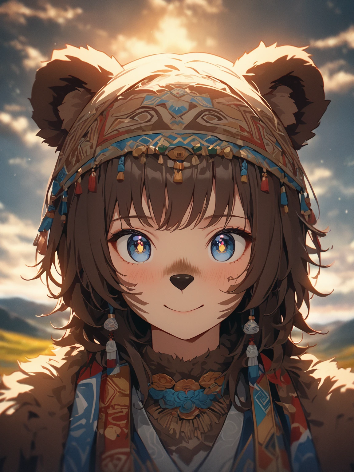 movie poster, High resolution, top quality, best quality, Paid rewards available, 無與倫比的masterpiece, perfect work of art, Ridiculous, High quality illustrations, 超High resolution, Detailed Background, perfect anatomy(1 girl, Beast, hairy的人類, animal nose),best quality,Super detailed,actual,(portrait,photo-actual:1.37),(hairy:1.1),(human nature:1.1) High resolution, 8k, masterpiece,, Super detailed, mammal, Brown Bear Girl，whole body，Brown fur，National style totem，ethnic jewelry，miss, miss化的, Fur, detailed Fur，Ainu women in traditional clothing，Fair深藍色服飾，Dark blue headscarf， masterpiece, best quality, Digital art, (actual:0.3), cartoon, Detailed route, High resolution, visually stunning (detailed lighting, Depth of Field:0.9), detailed color, Bright colors create perfect hands, Detailed hands (Fair, Cute, Fluffy:1.2), detailed body, Perfect breasts, 1 girl, , Smile full of love，Hokkaido雪地背景，horizon landscape, National costume, national totem，清澈的Sky空, movie lighting, Sky, sunny Sky,， horizon background(Natural background:1.1,Hokkaido:0.9), (Soft natural light:1.1), (Detailed facial features:1.1,expressive eyes:1.2), (calm and serene expression:1.1), (Flowing and layered clothing:1.1), (Gorgeous and intricate accessories:1.1), Fine hairs, exquisite eyes,