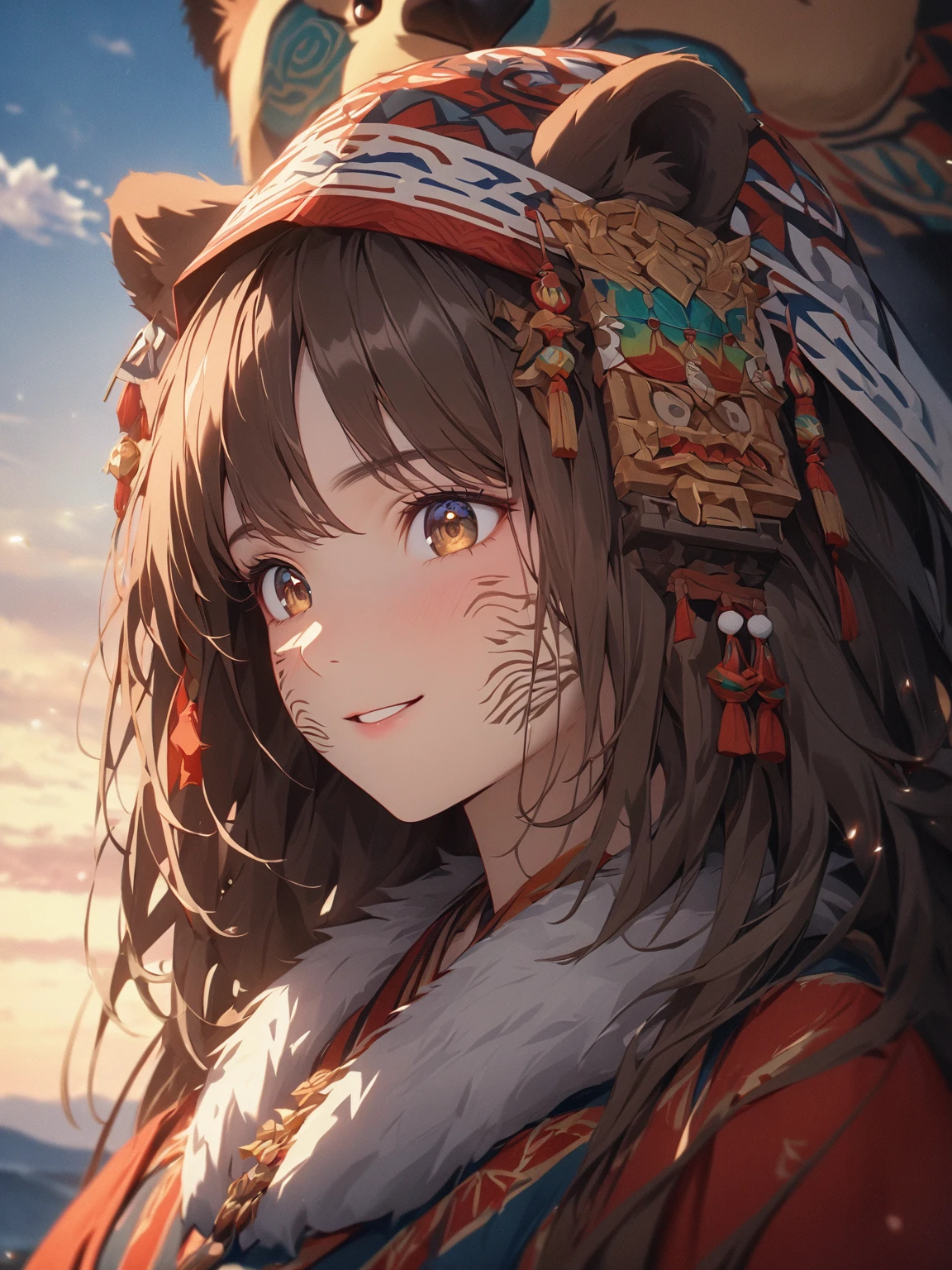 movie poster, High resolution, top quality, best quality, Paid rewards available, 無與倫比的masterpiece, perfect work of art, Ridiculous, High quality illustrations, 超High resolution, Detailed Background, perfect anatomy(1 girl, Beast, hairy的人類, animal nose),best quality,Super detailed,actual,(portrait,photo-actual:1.37),(hairy:1.1),(human nature:1.1) High resolution, 8k, masterpiece,, Super detailed, mammal, Brown Bear Girl,whole body,Brown fur,National style totem,ethnic jewelry,miss, miss化的, Fur, detailed Fur,Ainu women in traditional clothing,Fair深藍色服飾,Dark blue headscarf, masterpiece, best quality, Digital art, (actual:0.3), cartoon, Detailed route, High resolution, visually stunning (detailed lighting, Depth of Field:0.9), detailed color, Bright colors create perfect hands, Detailed hands (Fair, Cute, Fluffy:1.2), detailed body, Perfect breasts, 1 girl, , Smile full of love,Hokkaido雪地背景,horizon landscape, National costume, national totem,清澈的Sky空, movie lighting, Sky, sunny Sky,, horizon background(Natural background:1.1,Hokkaido:0.9), (Soft natural light:1.1), (Detailed facial features:1.1,expressive eyes:1.2), (calm and serene expression:1.1), (Flowing and layered clothing:1.1), (Gorgeous and intricate accessories:1.1), Fine hairs, exquisite eyes,