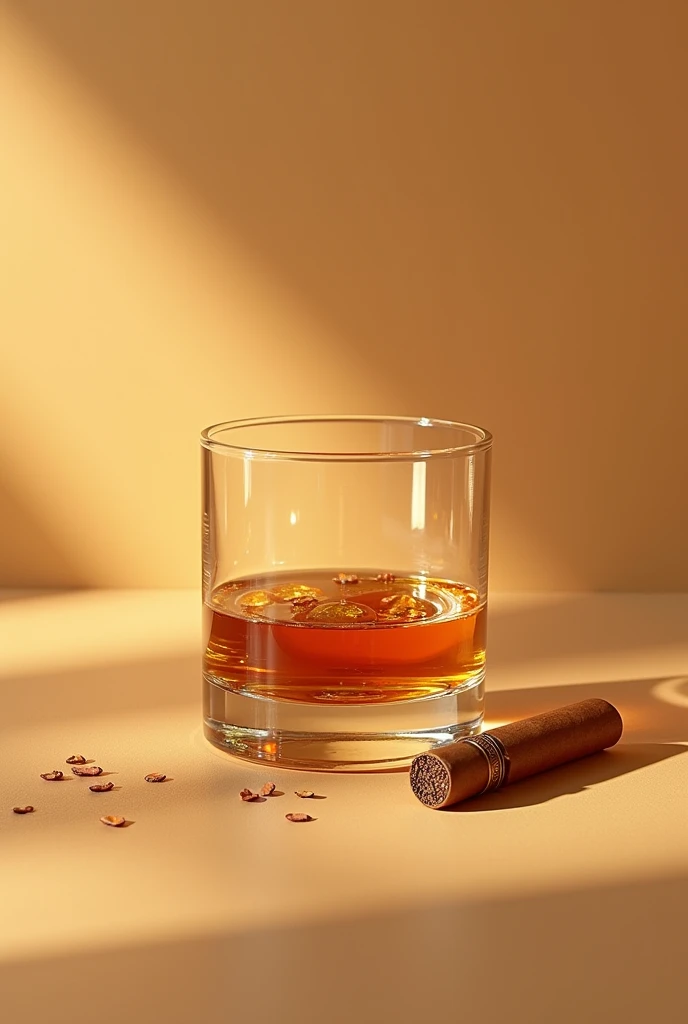 show a glass of wiskey with a beige background and a tabaco on top not touching the glass with many details and sparkles
