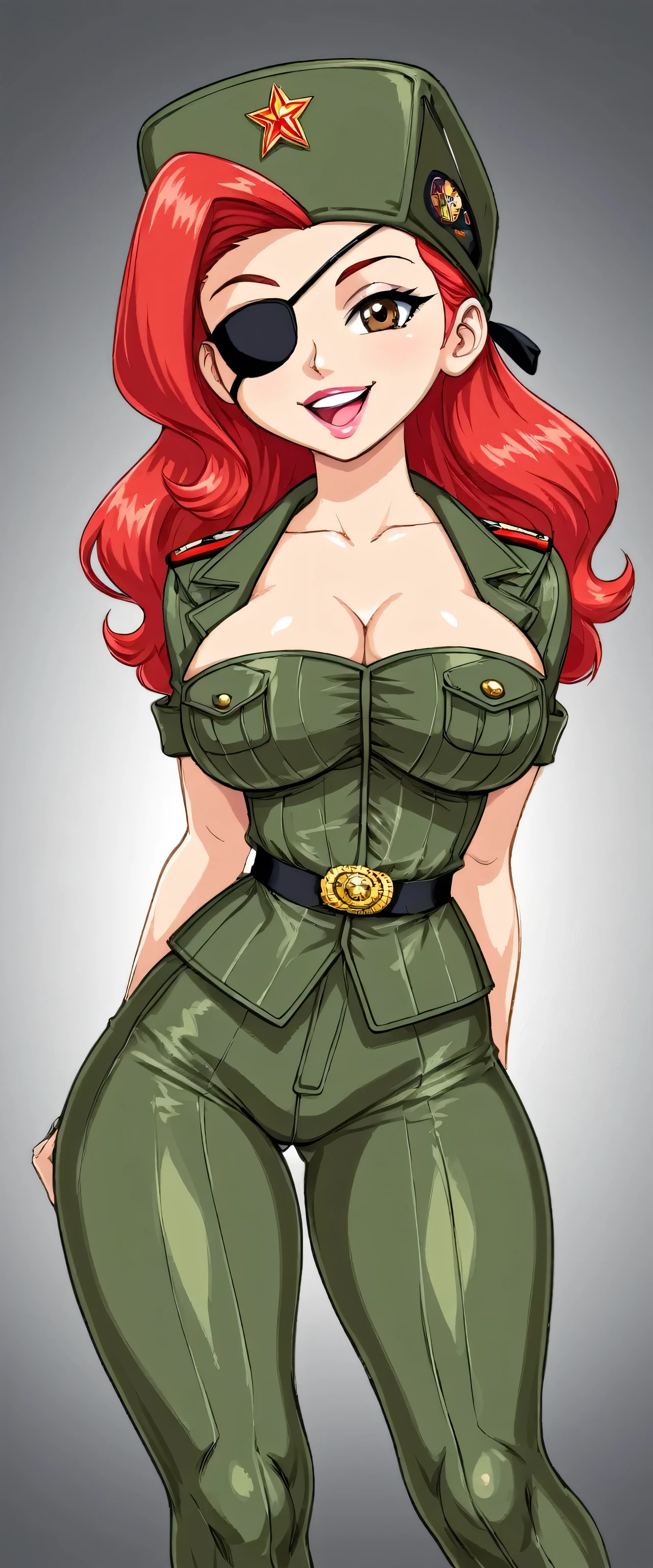 A Soviet military girl, tall, sexy, big chest, good, friendly, happy, long red hair, smooth, her brown eye, pink lip, she dresses in a green metallic top, a black patch, her chest, her waist, a yellow ribbon, and her pants, metallic green, big, thigh, sensual, big yellow boot, wearing a black Soviet winter cap.