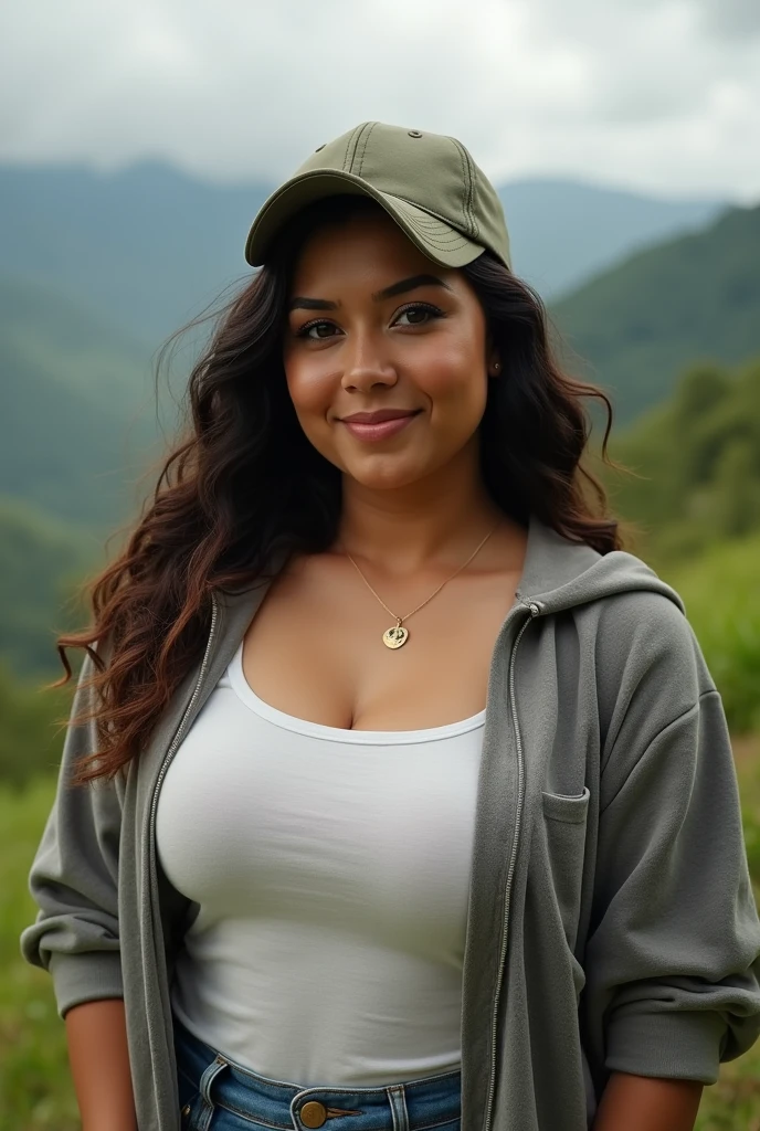 Beautiful latina with dark brown eyes, 28 years old, female wearing a t-shirt, hoodie and baseball cap, stylishly decorated, full body view, in colombia, in a landscape, almond shaped eyes, oval face shape, plus size body, extra large body, XXL body, prominent cheekbones, naturally wavy hair, high resolution, masterpiece, best quality, intricate details, highly detailed, sharpness, detailed skin texture, eye details, profession, 4k resolution, charming smile, shot with cone, depth of field, kodak vision color, 100 kilos, extremely detailed, ultra realistic photography, realistic photo, post processing, maximum detail, true to life, instagram model.