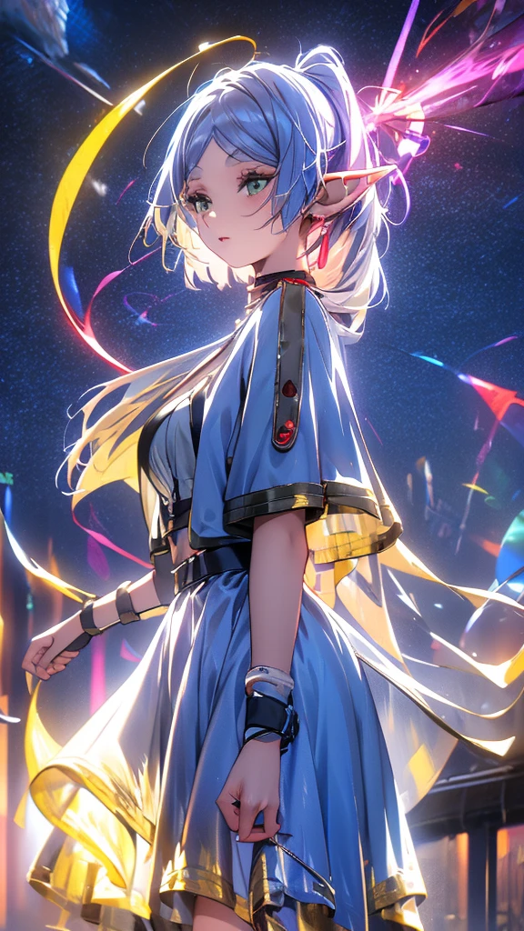 1 person, 20-year-old girl, One person, (Silver Hair), Long pointed ears、Elf、(Gradient sky blue hair tip:1.6), hair, Ridiculously long hair, Single Side Lock, Wavy Hair, Shine髪, Floating Hair, (Fantastic deep purple eyes), Delicate eyes, Aqua Eye, Very fine eye, Long upper eyelashes, ((Glowing Eyes)), compensate, Focus on the face, Highly detailed facial, Pretty face, Perfect breasts, Hot body, (Delicate skin texture:1.2), break, White extra long skirt, Fashion Clothing, necklace, Technical clothing masterpiece, on the road, Gazing at the starry sky, meteor, cyber punk, Detailed Background, The perfect layered cut, clean focus, (magazine:1.3), (Cover Style:1.3), Octane Rendering, Tyndall effect, Real, Dark studio, Side light, 2-color illumination, realism, Chiaroscuro, (Shine光), Shine, Ray Tracing, Cinema Lighting, Futurism, Motion Blur, Atmospheric perspective, Depth of written boundary, Bokeh, Highest quality, 超High resolution, Super Detail, masterpiece, High resolution, Accurate, retina, Anatomically correct