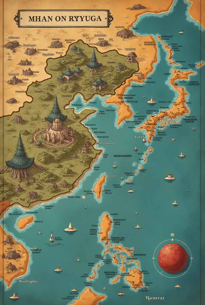 Map containing Takamura: Fortified mountains and a Kaigen capital: Ryuuga's fertile plains and vast farmland: Busy coast with a large Onmyo port: Montanhas nebulosas e misteriversas
Mizukage: Extensive coastline with fishing villages Kurozawa: Interior agrícola e vastas forests
Tsukigakure: Valeisolados Himeko: Strategic region with Kasumi trade routes: Rugged terrain and natural fortifications Hoshin: Mineral wealth and scattered mines Tenrai: Fertile lands and flourishing cities Yokai: Expansionist and militarily strong Kumano: Dense forests and wild areas Narakami: Ancient Ruins and Historical Battlefields Seiryu: Icy and inhospitable mountains Amateru: Sunny region with large Byakko temples: Deserts and secluded oases Suzaku: Genbu Volcanic and Desolate Areas: Pântanos e rivers lentos
Tengoku: Sacred region with ancient temples Mountains, rivers, forests, and coasts drawn Capitals and fortresses marked