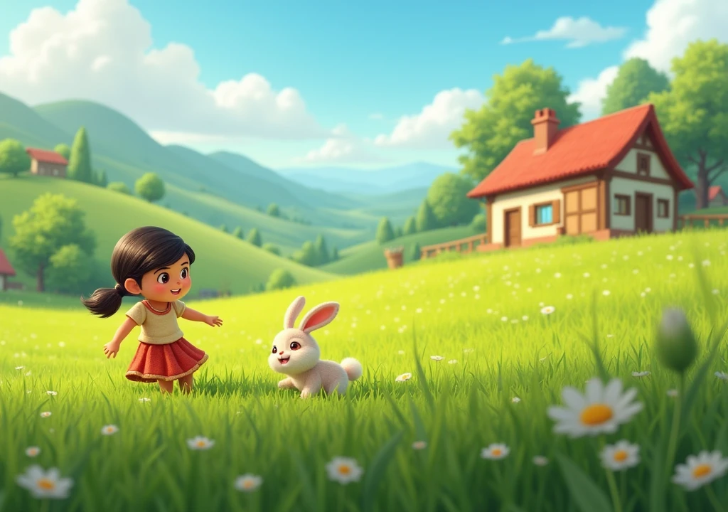 A small, peaceful village with a charming house. A young, cheerful girl named Meera with a kind expression and a small rabbit named Jhappi by her side, playing in a lush, green field.