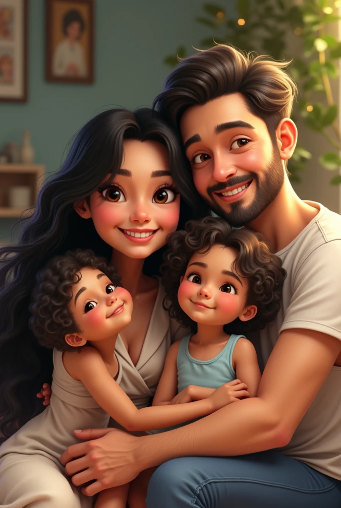 Beutiful mom with black hair and smile , with her husband black hair and unshave with two little girls, one four year old with black curly hair and the other one two year old with blonde short hair