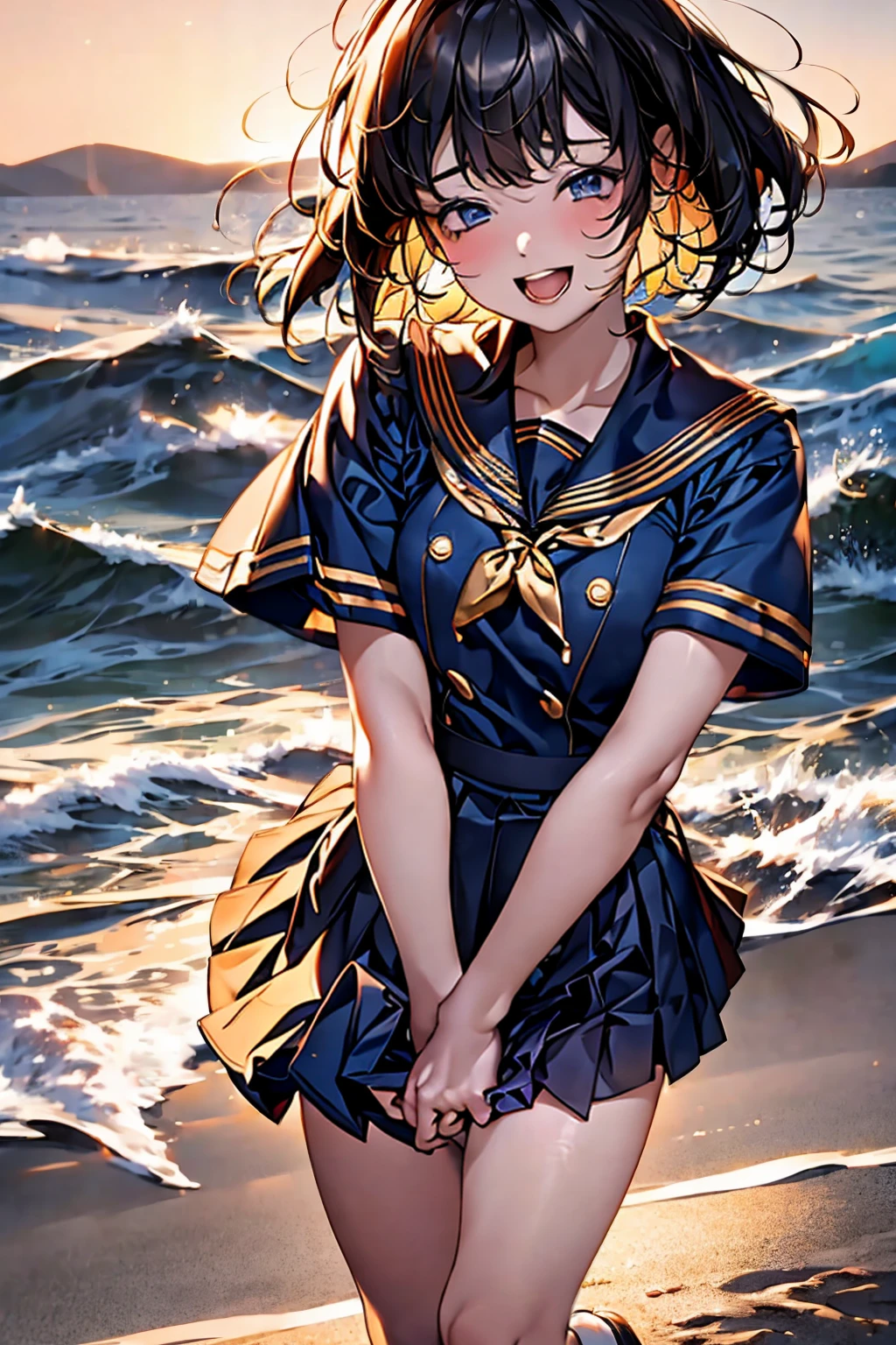 Browsing Caution,(Highest quality, 8k, masterpiece:1.3,beautiful girl), (Very detailed)Glowing Skin,(((Woman 1))),((Short sleeve, cute navy sailor suit, Navy Pleated Skirt, Navy sailor collar, Blue Sailor Scarf, socks, Brown Loafers)), (Perfect Anatomy, Anatomically correct, Very detailed肌),((Golden Eyes)),((Perfect Fingers,Five Fingers)),((Black Hair,Bobcut,)),Natural Makeup,Smile in full bloom、cheeks turn a little red,Seaside、sunset、Hair blowing in the wind、While stroking my hair,(((Laugh with your mouth wide open,turn around,wave hands,))),((Hands splashing seawater,Shallow water))
