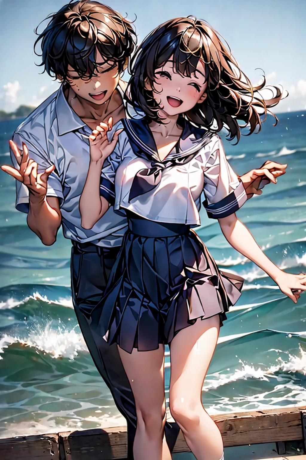 Browsing Caution,​(Highest quality, 8k, masterpiece:1.3,beautiful girl), (Very detailed)Glowing Skin,(((Woman 1))),((Short sleeve, cute navy sailor suit, Navy Pleated Skirt, Navy sailor collar, Blue Sailor Scarf, socks, Brown Loafers)), (Perfect Anatomy, Anatomically correct, Very detailed肌),((Golden Eyes)),((Perfect Fingers,Five Fingers)),((Black Hair,Bobcut,)),Natural Makeup,Smile in full bloom、cheeks turn a little red,Seaside、sunset、Hair blowing in the wind、While stroking my hair,(((Laugh with your mouth wide open,turn around,wave hands,))),((Hands splashing seawater,Shallow water))