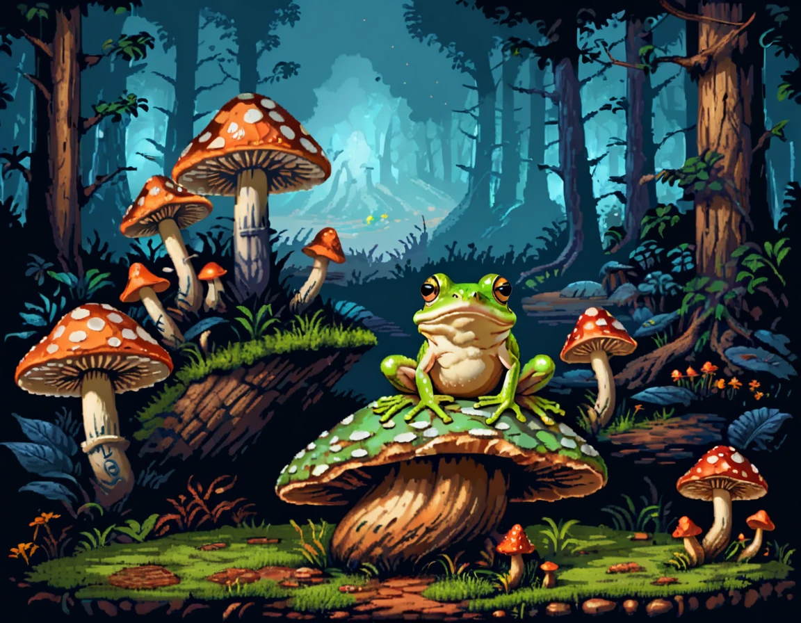 There is a frog sitting on a mushroom in the forest, Very detailed illustrations, Magic mushrooms, Magic mushrooms, Magic mushroomss, Mushroom forest, Very detailed toad, High detailed illustrations, Mushroom Galaxy, Magical forest background, Highly detailed illustrations, Fairy tale illustration, Forest background at night, Magic mushrooms梦, agaric, mycologist, Amanita