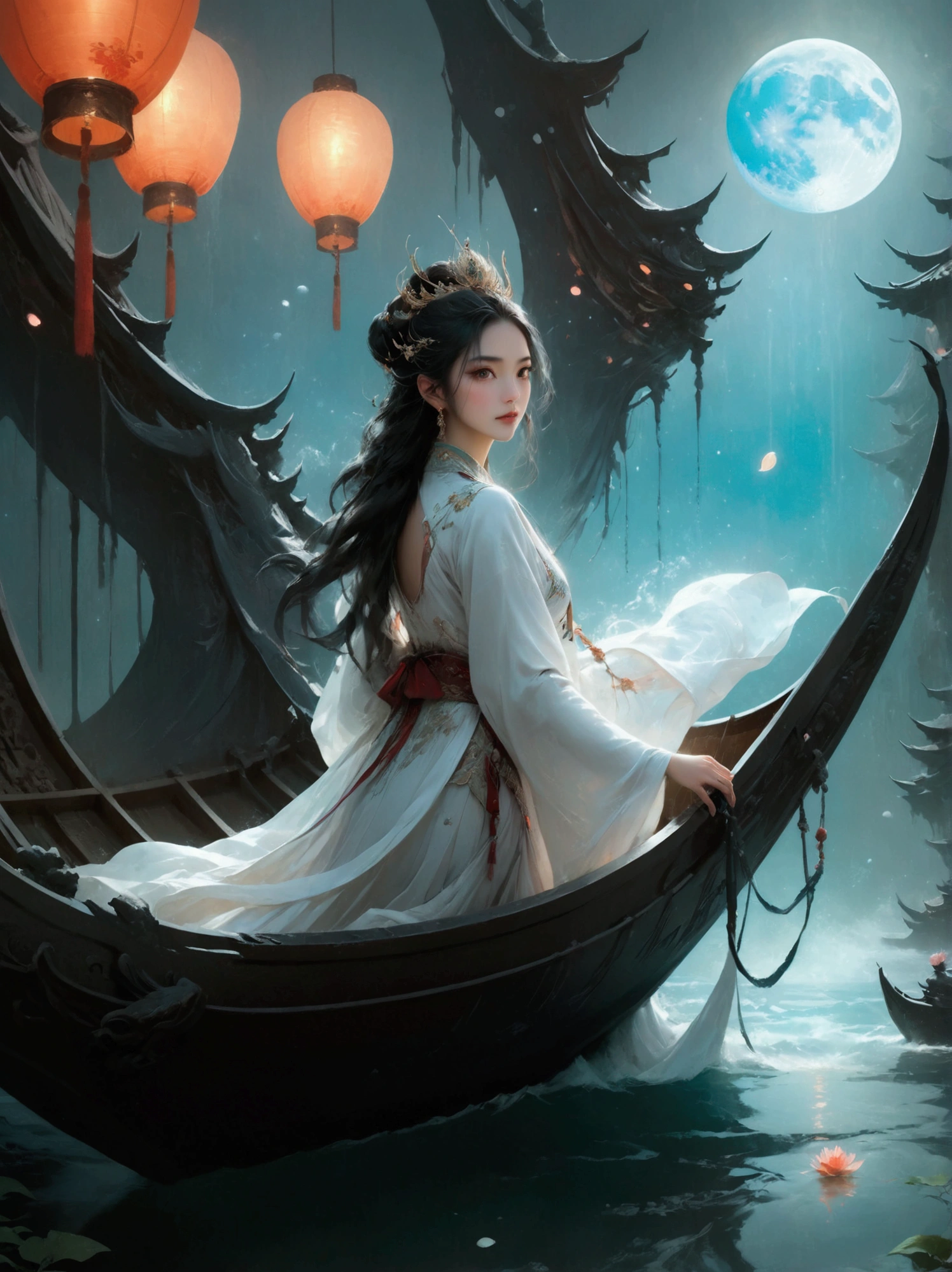 Anime girl in a white dress floating a boat in the water，Fantasy，Moon Goddess，Beautiful fantasy queen,  by Yang J, Chinese Fantasy，Beautiful girl，Sea Queen Mu Yanling，Moon Goddess，Moon Goddess，Flowing magic robe，Beautiful fairy wizard, by Leng Mei, ((a beautiful fantasy empress))