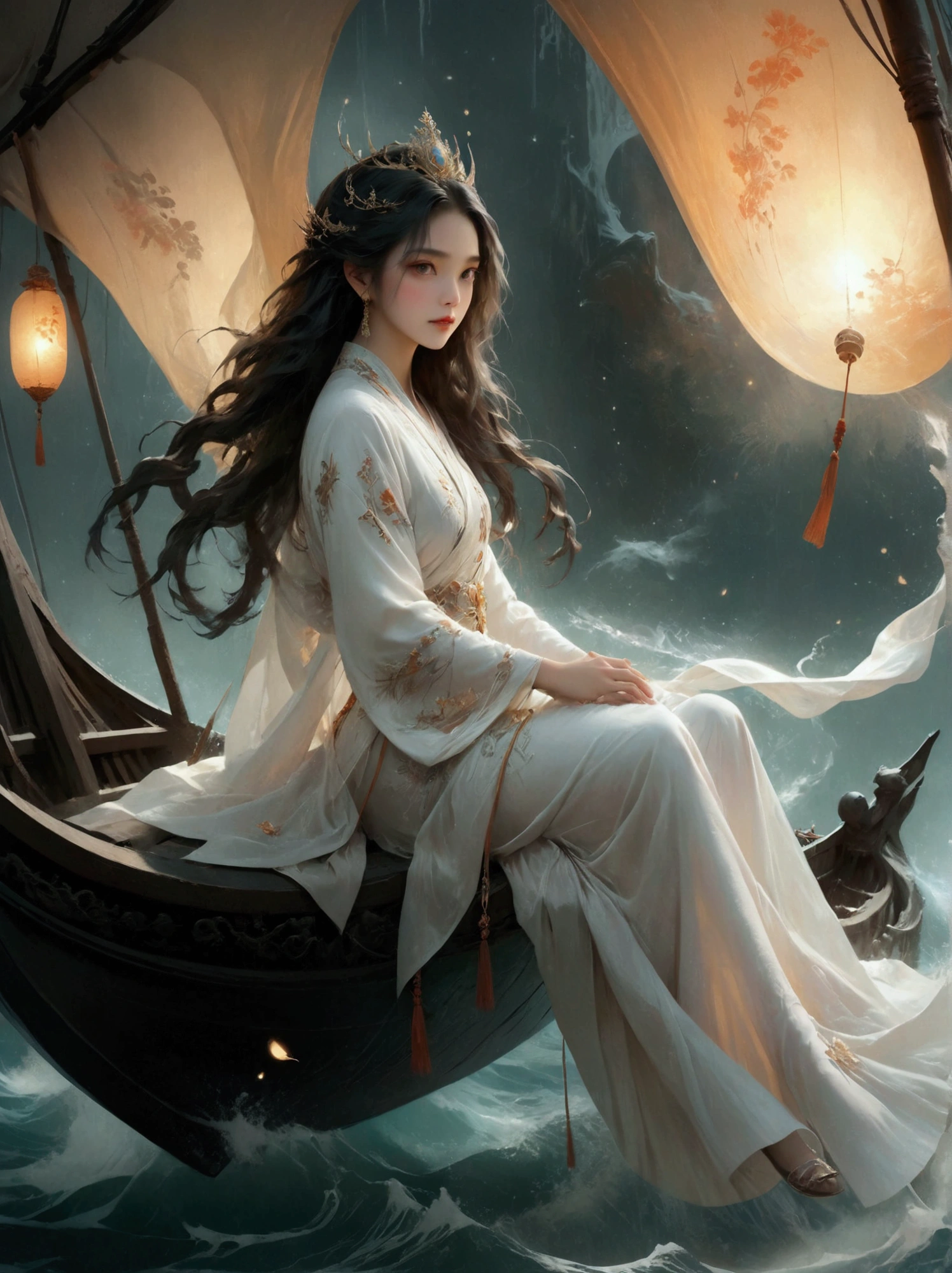 Anime girl in a white dress floating a boat in the water，Fantasy，Moon Goddess，Beautiful fantasy queen,  by Yang J, Chinese Fantasy，Beautiful girl，Sea Queen Mu Yanling，Moon Goddess，Moon Goddess，Flowing magic robe，Beautiful fairy wizard, by Leng Mei, ((a beautiful fantasy empress))