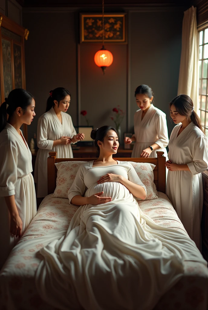 Sense of lens,Ancient,Chinese ancient style house,Main house master bedroom,Pregnant woman lying on bed,Surrounded by several busy midwives,Detailed description of interior decoration,Movie quality,Movie storyboard,8k,Ultra-clear,Hyperrealism