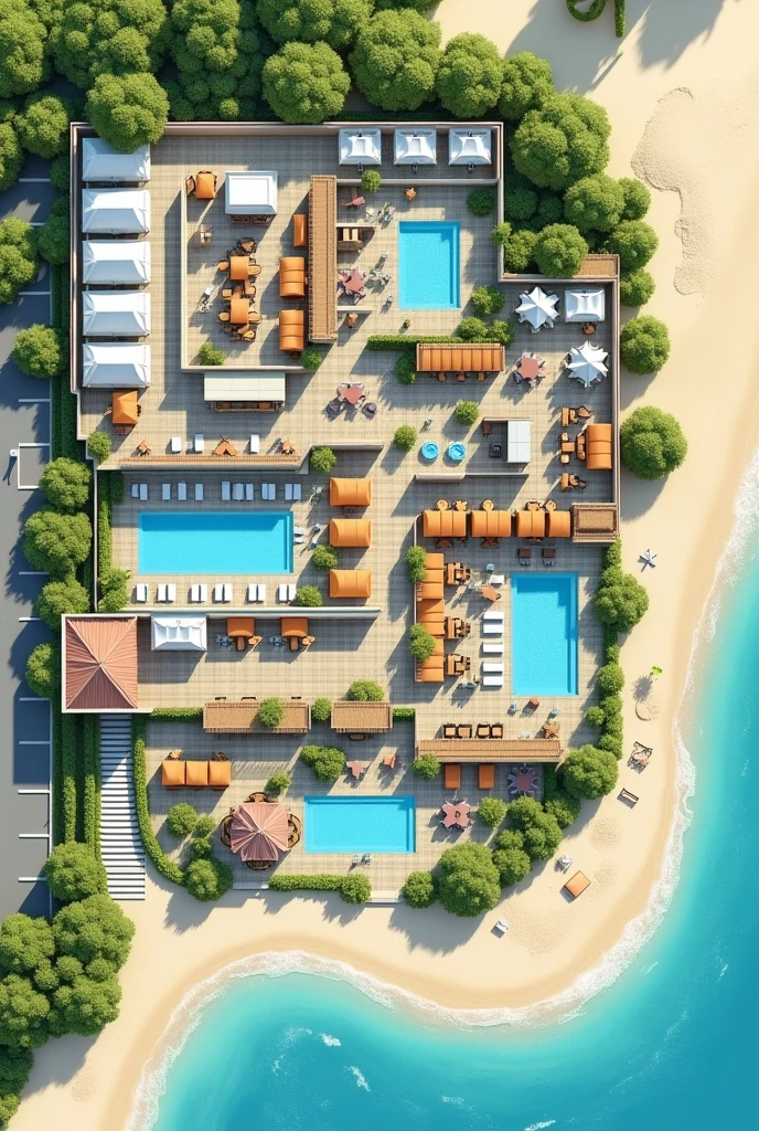 2D floor plan of a beach hotel showing the reception area first, The restaurant space, The recreation space, , 7 guest rooms, A SPA room, An area for people with disabilities, three pools, Connection with green areas, This can be something like an open space and a septic tank with a lid, The L-shaped parking lot One part in front and the rest alongside