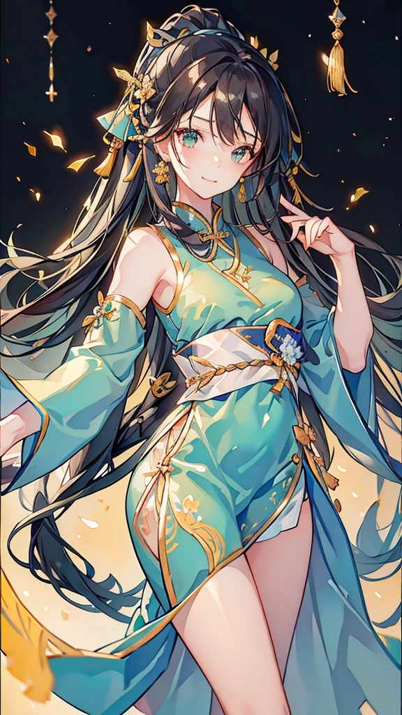short girl, 1girl, solo, masterpiece, highres, solo, 8k, detailed, perfect face, best quality, (ultra high quality), (looking at viewers), (armpit), bare arms, small breast, sideboob, black hair, long hair, ponytail hair, hair bangs, green eyes, chinese dress, traditional dress, green dress, slim body, upper body, smile, hand up