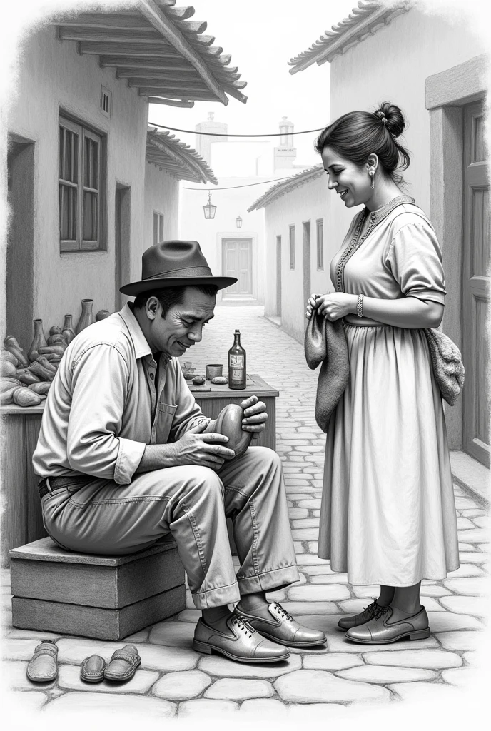 A man working in his shoe workshop while his wife watches him with a smile, set in the time of ancient Ayacucho drawn in pencil