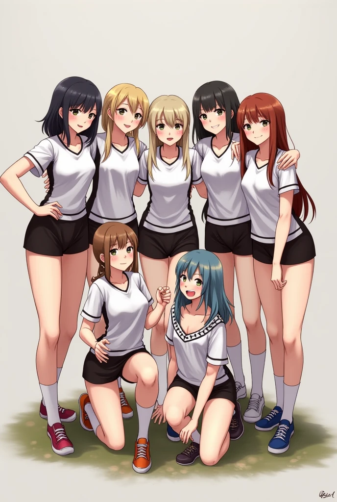Six girls posing for a photo, The first three have a volleyball uniform that is not so short and the other three have a maypole suit that is not so short.